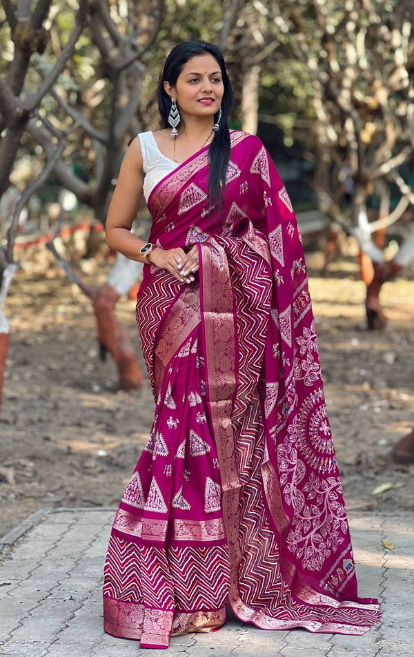Wine Colour Pure Viscose Dola Silk Saree with Pichwai Kalamkari Print - Luxe