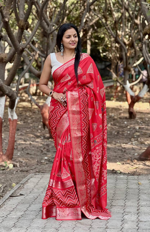 Red Colour Pure Viscose Dola Silk Saree with Pichwai Kalamkari Print