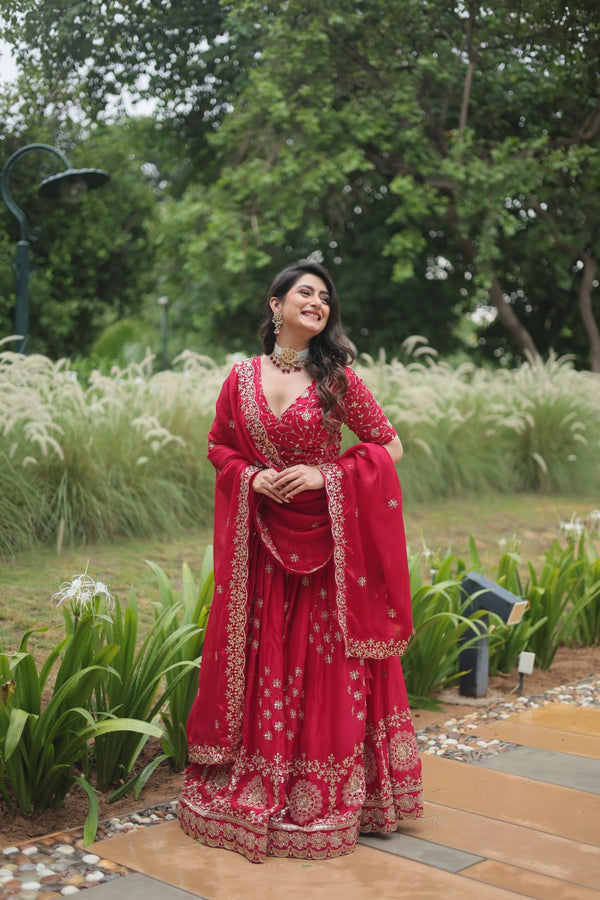Red Color Without Blink Select this Designer Lehenga collection Made with  Rangoli Silk With Sequins And thread Embroidered work Lehenga Choli with Dupatta