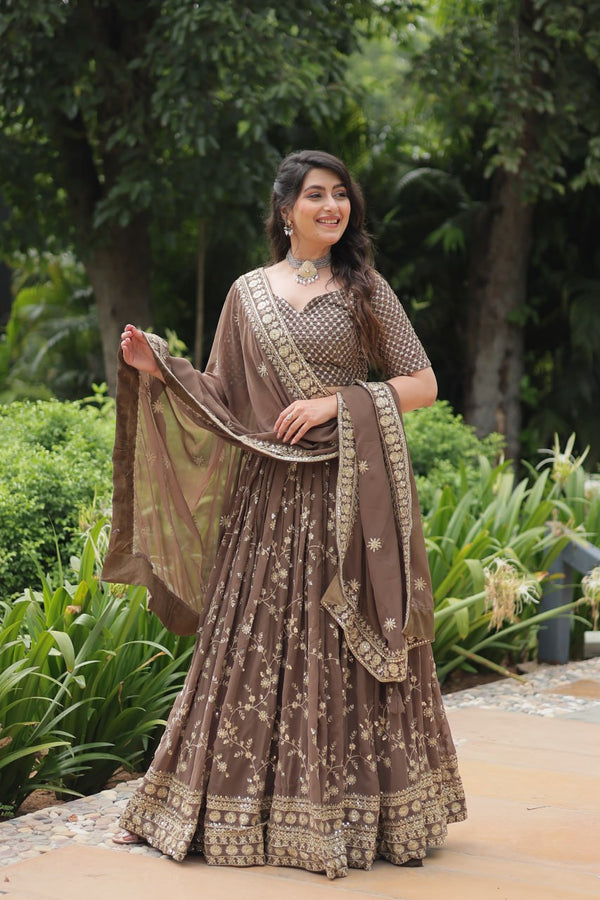 Brown color Faux Blooming With Heavy Sequins & Thread Embroidered work